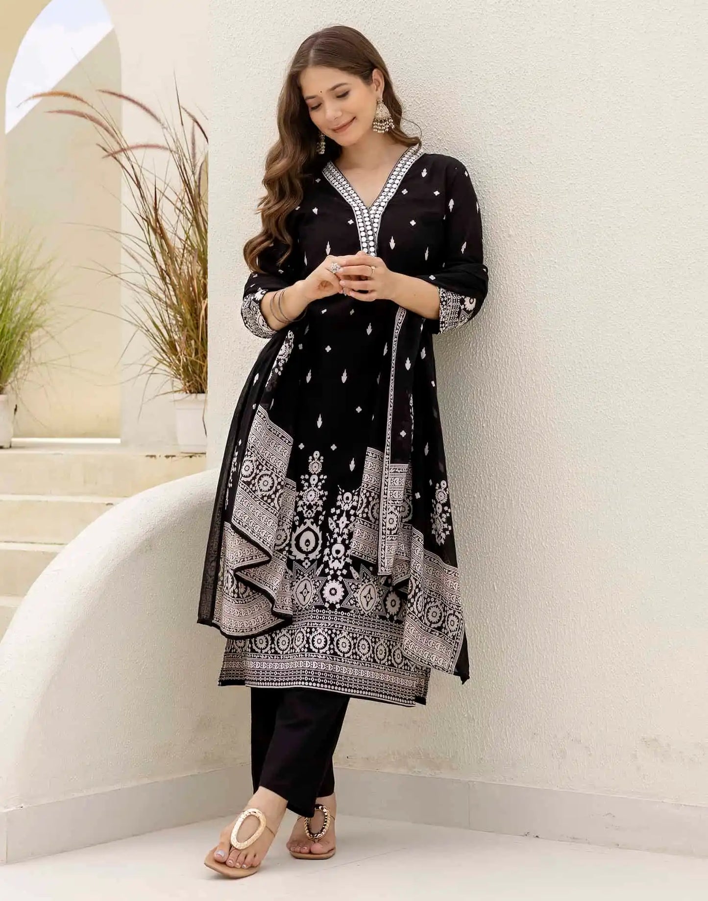 Cotton Straight Embroidery V-Neck Kurta with Pant & Dupatta