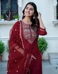 Maroon Silk Sequence Embroidered Straight Kurta Set with Pant and Dupatta – Elegant Wedding & Festive Wear for Women
