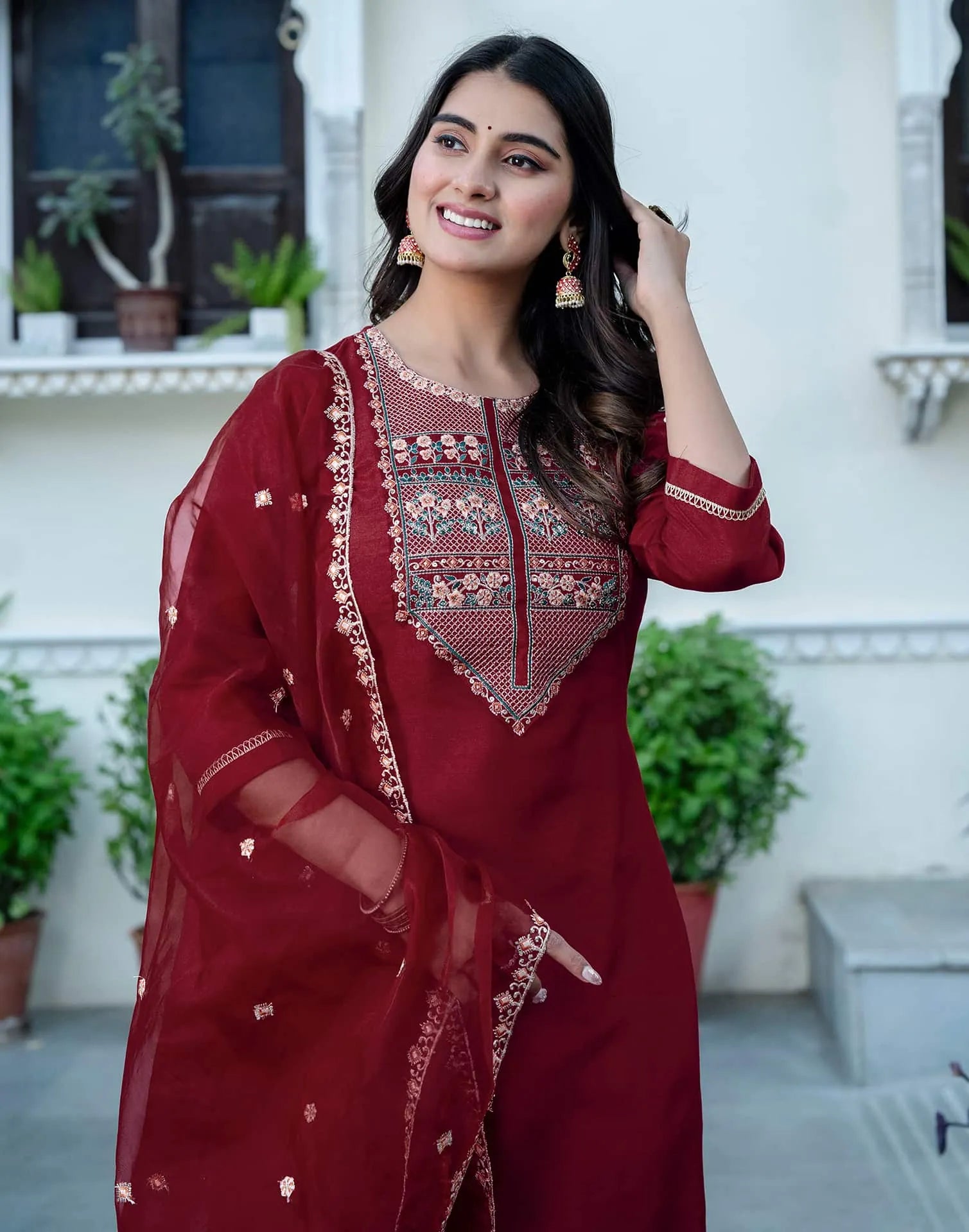 Maroon Silk Sequence Embroidered Straight Kurta Set with Pant and Dupatta – Elegant Wedding & Festive Wear for Women