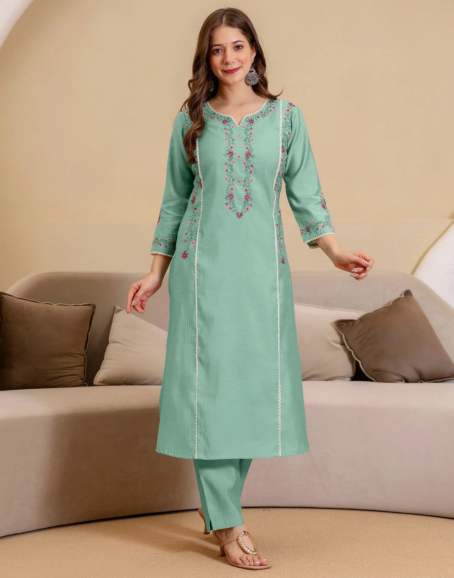 Green Silk Embroidered Straight Kurta Set with Pant and Dupatta
