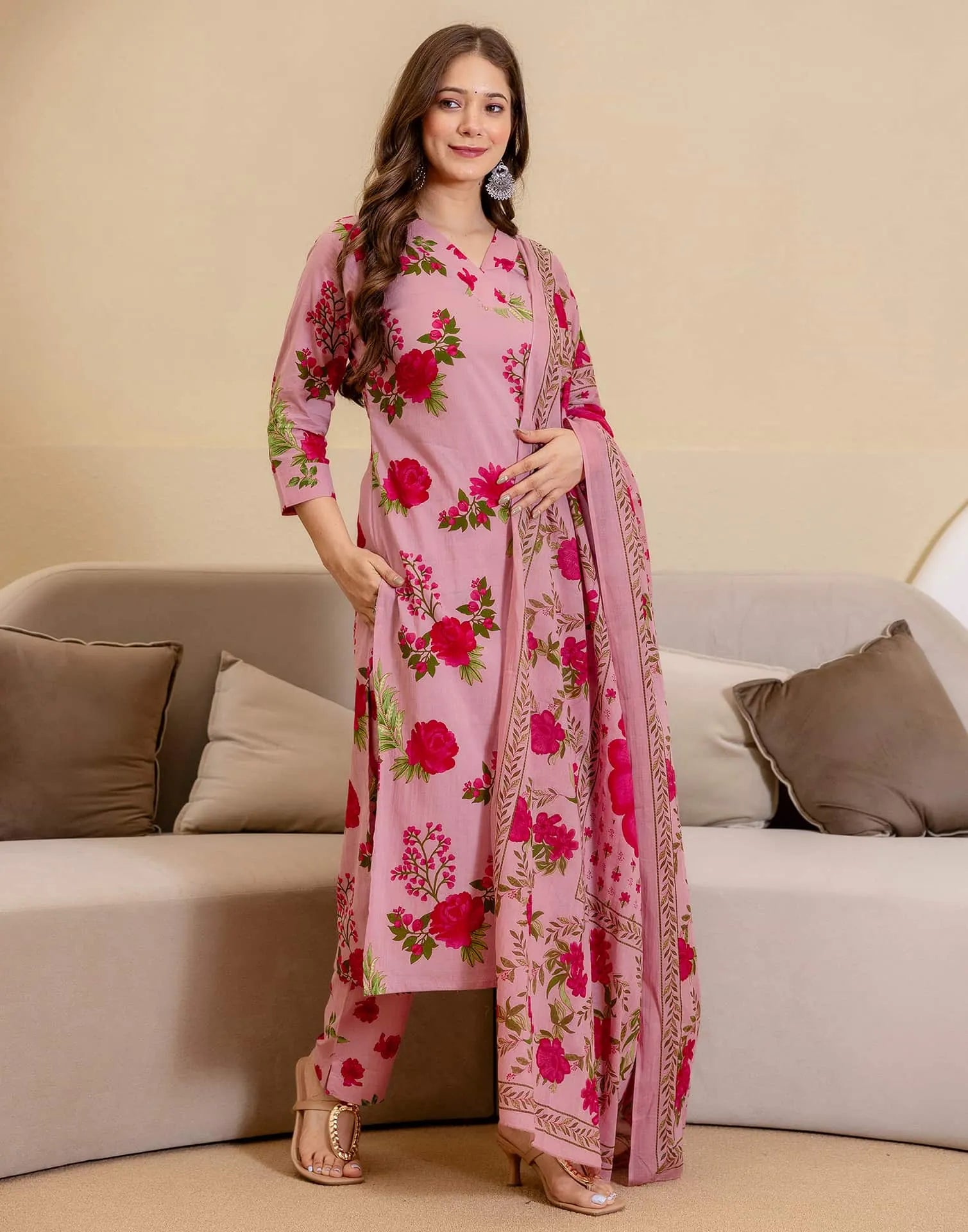 Cotton Floral Printed Straight Kurta with Pant and Dupatta for Women