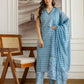 Affordable Blue Cotton Printed Straight Kurta Set with Pant & Dupatta under 999