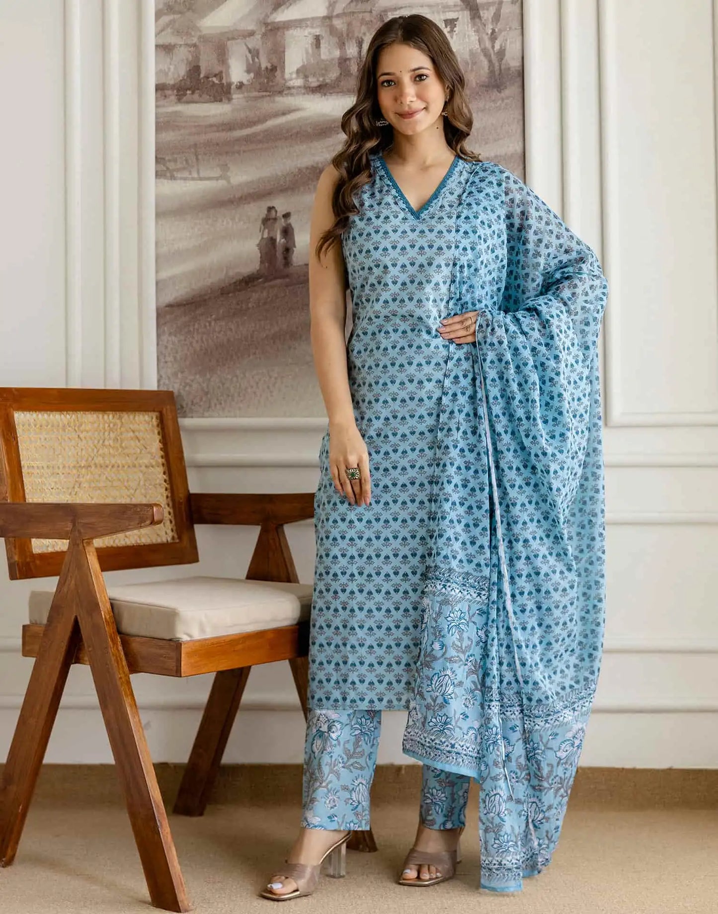 Affordable Blue Cotton Printed Straight Kurta Set with Pant & Dupatta under 999