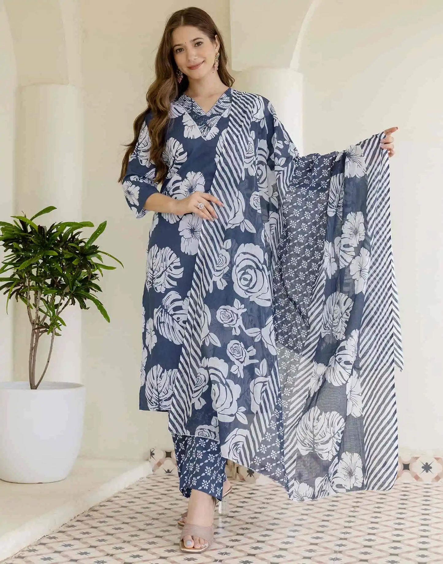 Cotton Printed Straight Kurta with Pant & Dupatta