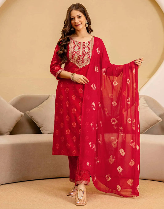 Cotton Embroidered Straight Kurta with Pant & Dupatta
