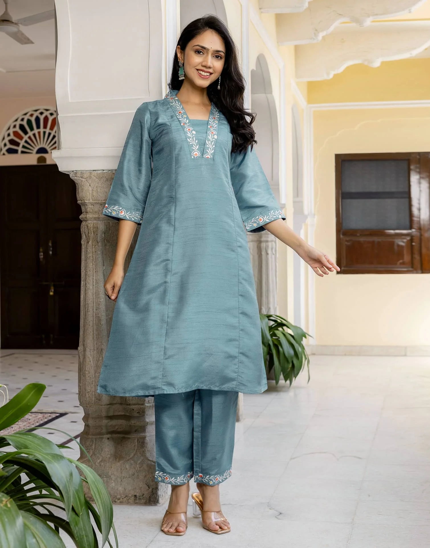 Blue Silk Blend Embroidered Straight Kurta Set with Pant and Dupatta for Women