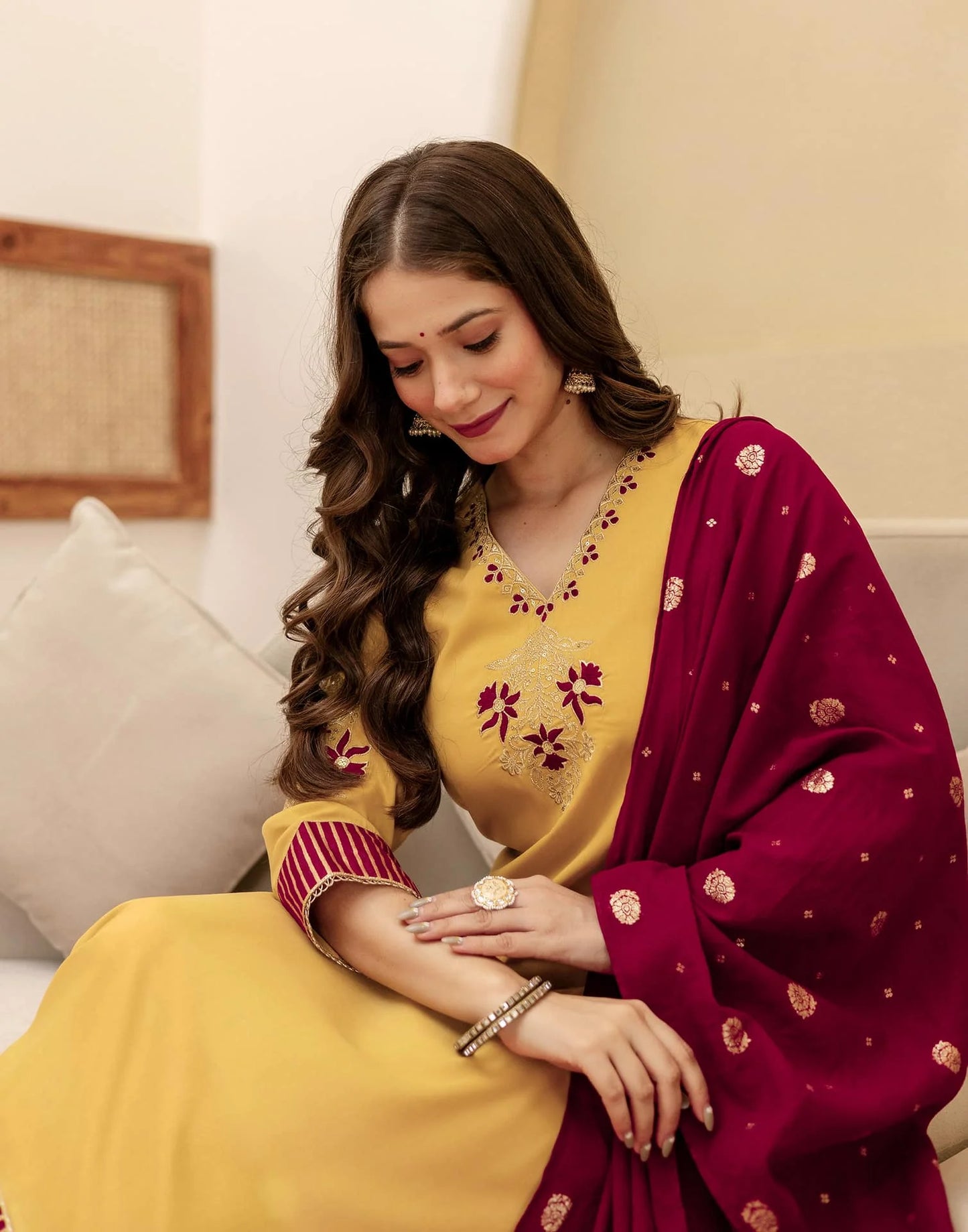 Silk Straight Embroidery V-Neck Kurta with Pant & Dupatta