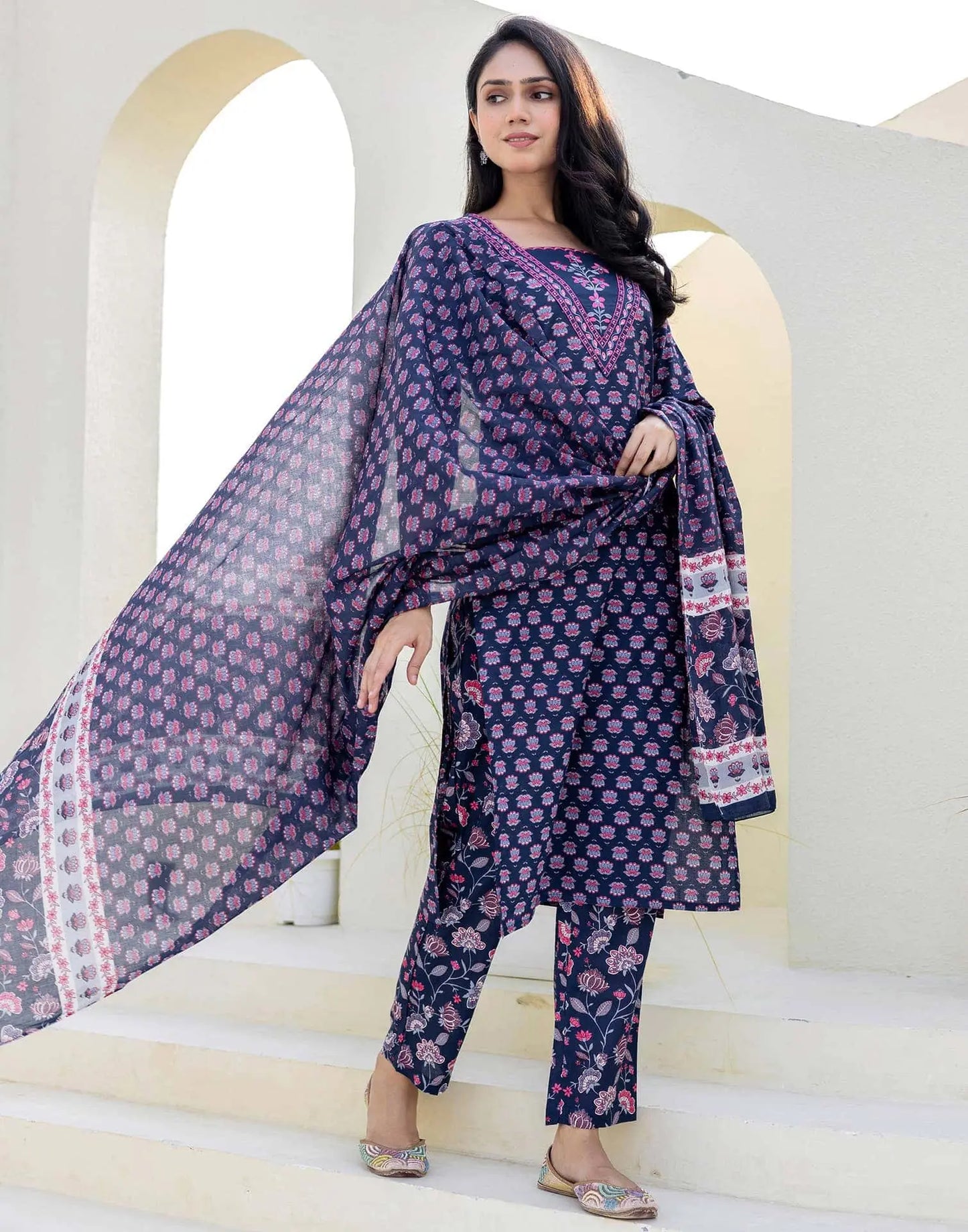 Cotton Embroidery and Sequins Work, Printed, Fabric Lace Straight Kurta with Pant & Dupatta