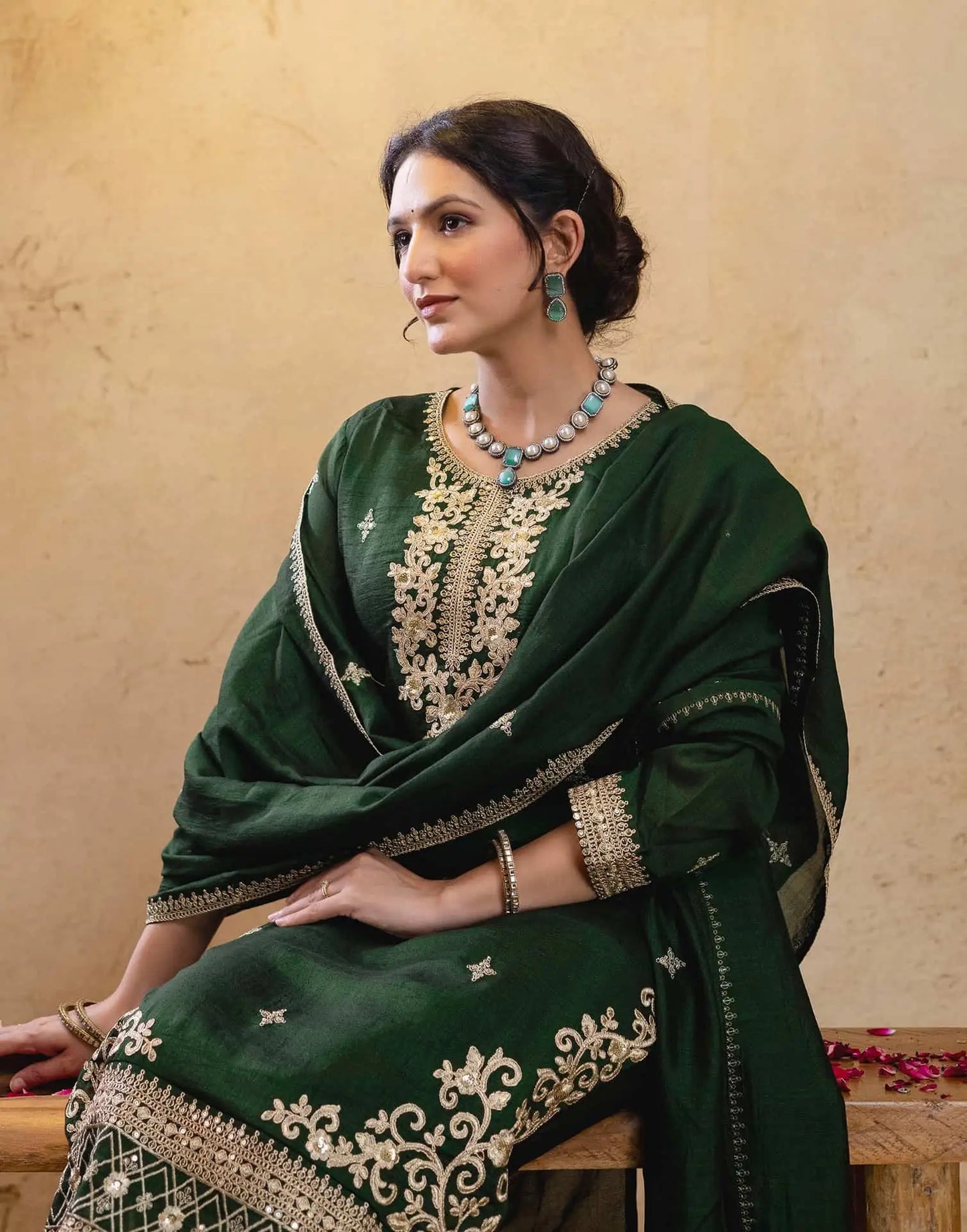 Silk Straight Embroidery Round Neck Kurta with Pant & Dupatta