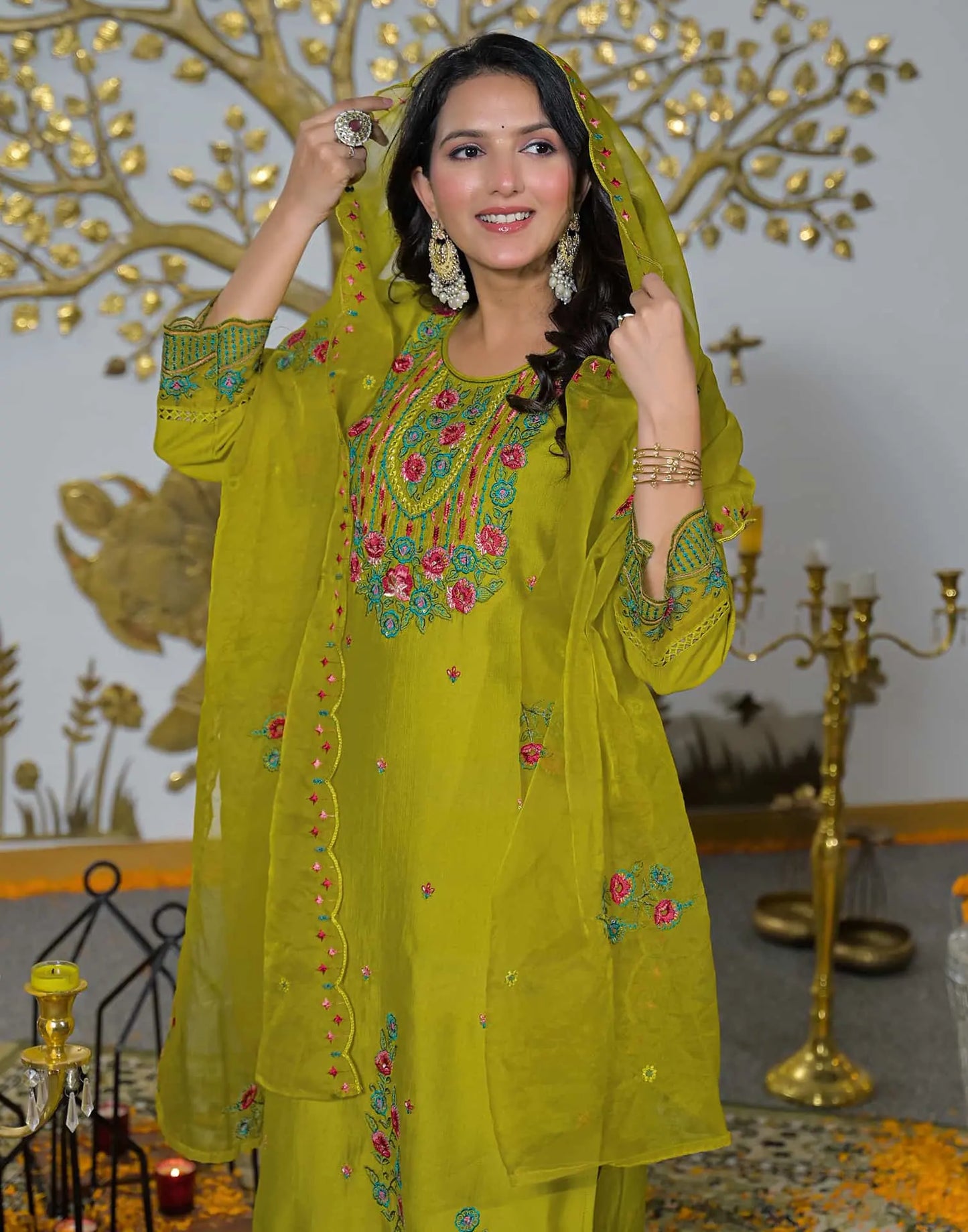 Silk Straight Embroidery Round Neck Kurta with Pant & Dupatta