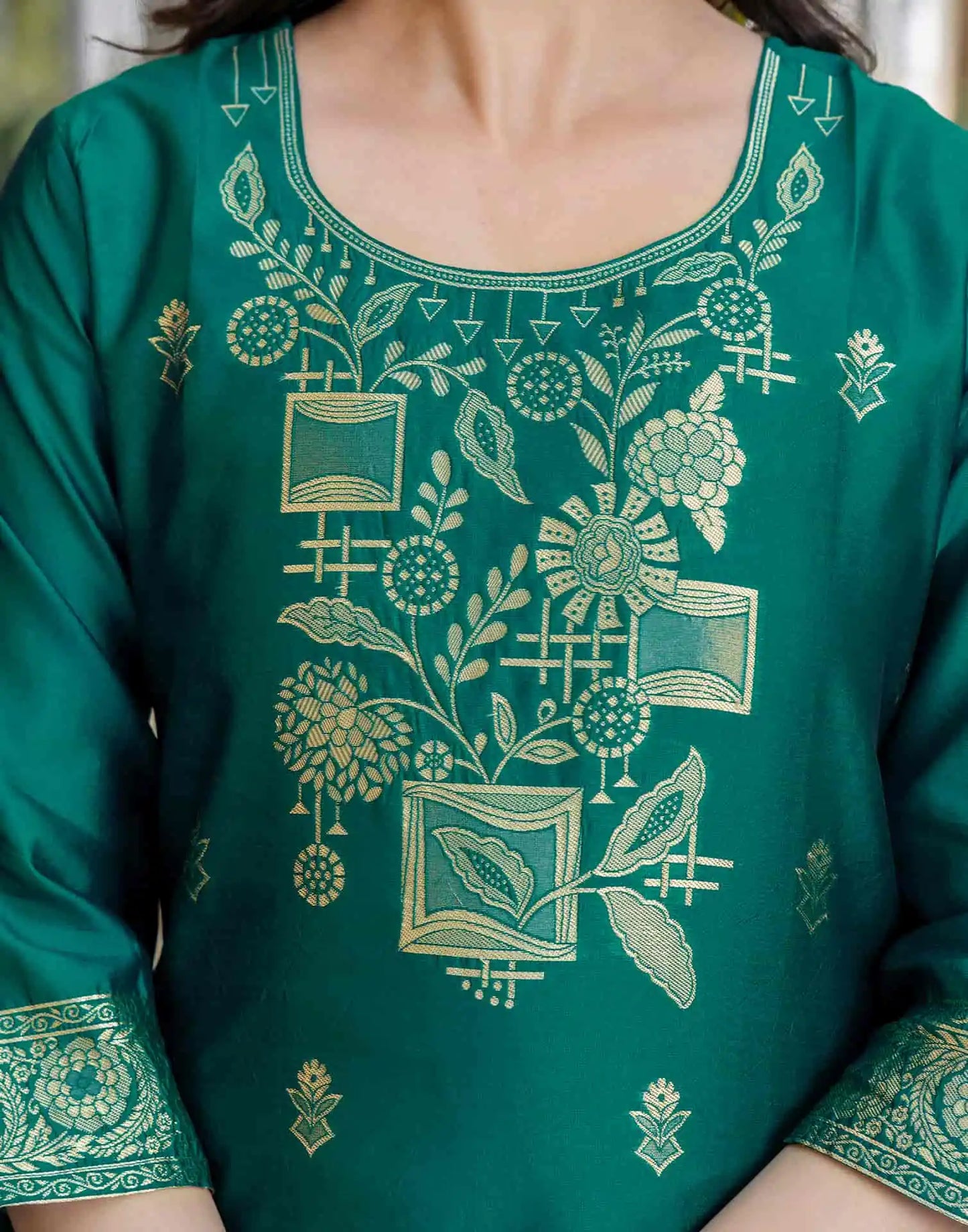 Green Silk Blend Woven Straight Kurta Set for Women with Pant & Dupatta