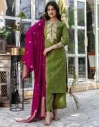 Skylee Silk Blend Embroidered Straight 3 Piece Kurta Set For Woman