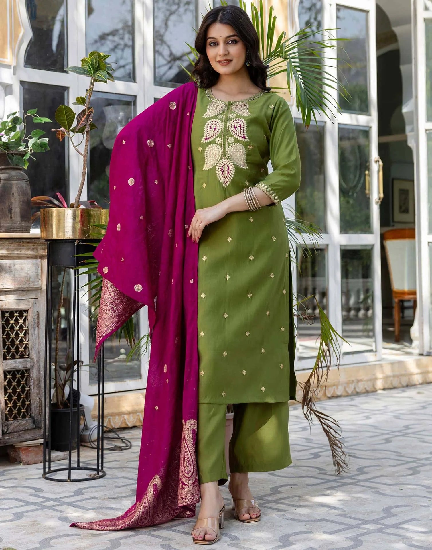 Budget friendly olive green silk embroidered kurta set