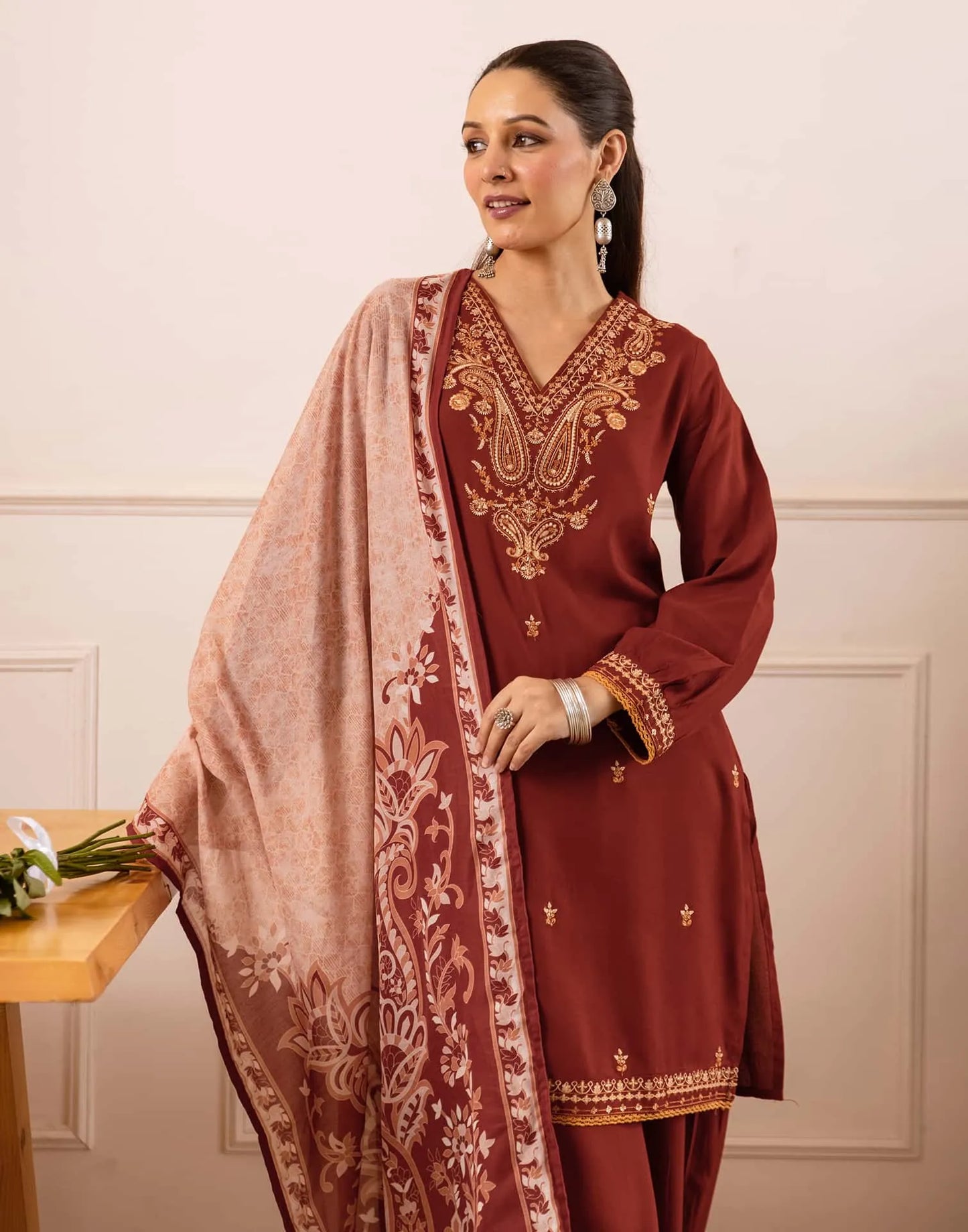 Rayon Straight Embroidery V-Neck Kurta with Pant & Dupatta