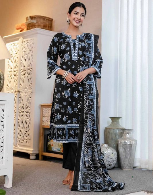 Affordable Blue Cotton Printed Straight Kurta Set with Pant & Dupatta under 799