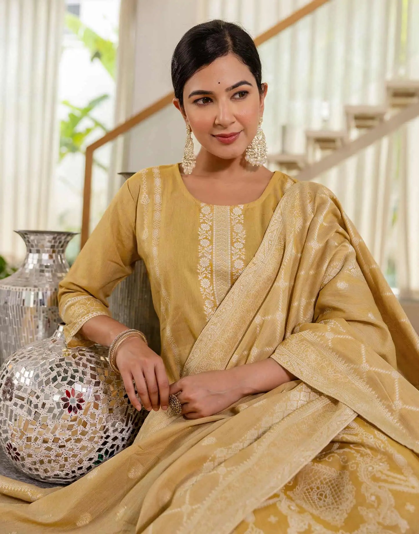 Affordable Beige Cotton Woven Straight Kurta Set Round-Neck Woven Cotton Kurti with Pant & Dupatta