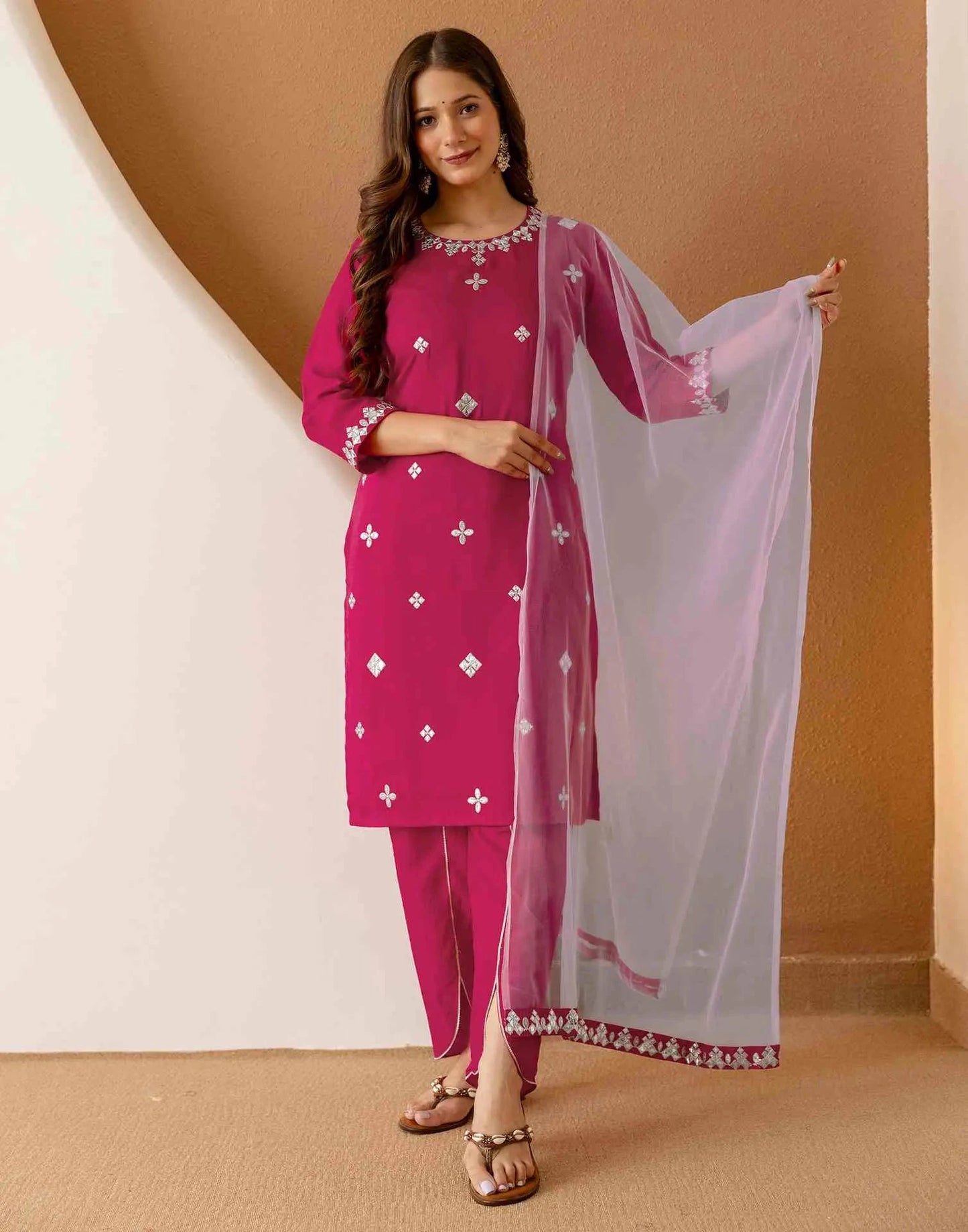 Chinnon Embroidered Straight Round Neck Kurta with Pant & Dupatta