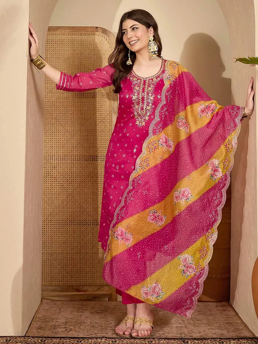 Pink Silk Bandhani Printed Straight Kurta Set with Pant & Dupatta under 1299