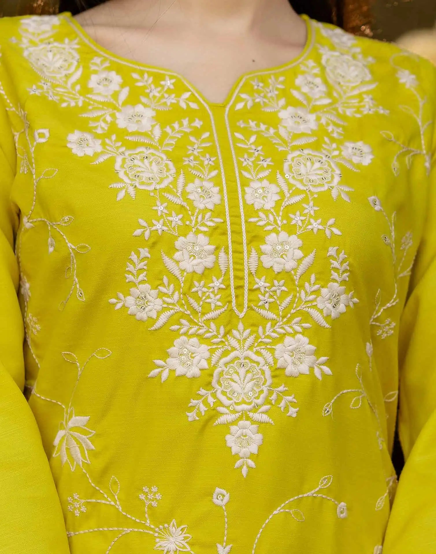 Yellow Cotton Blend Embroidery and Sequins Work Straight Kurta Set for Women
