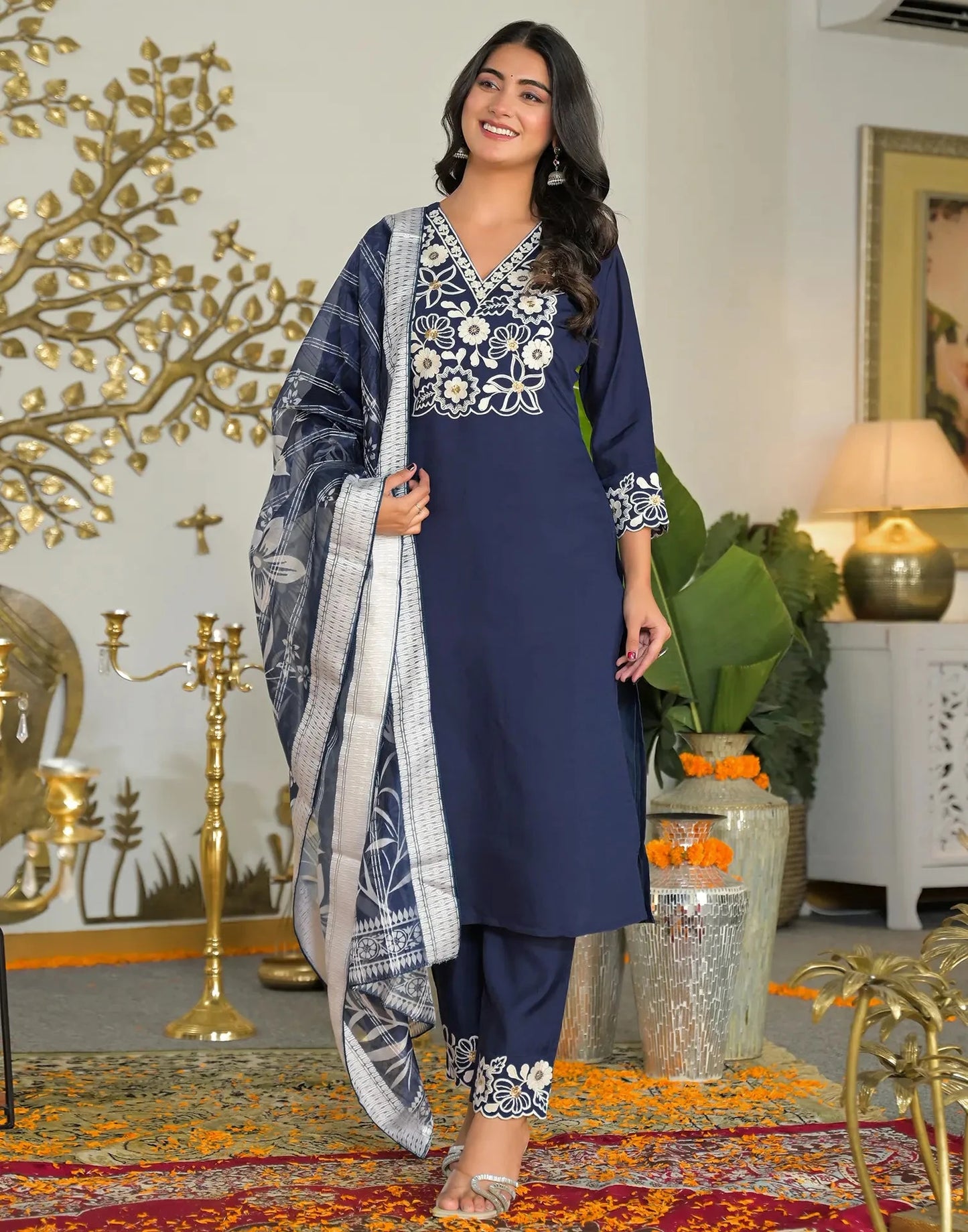 Silk Embroidered V-Neck Straight Kurta with Pant & Dupatta