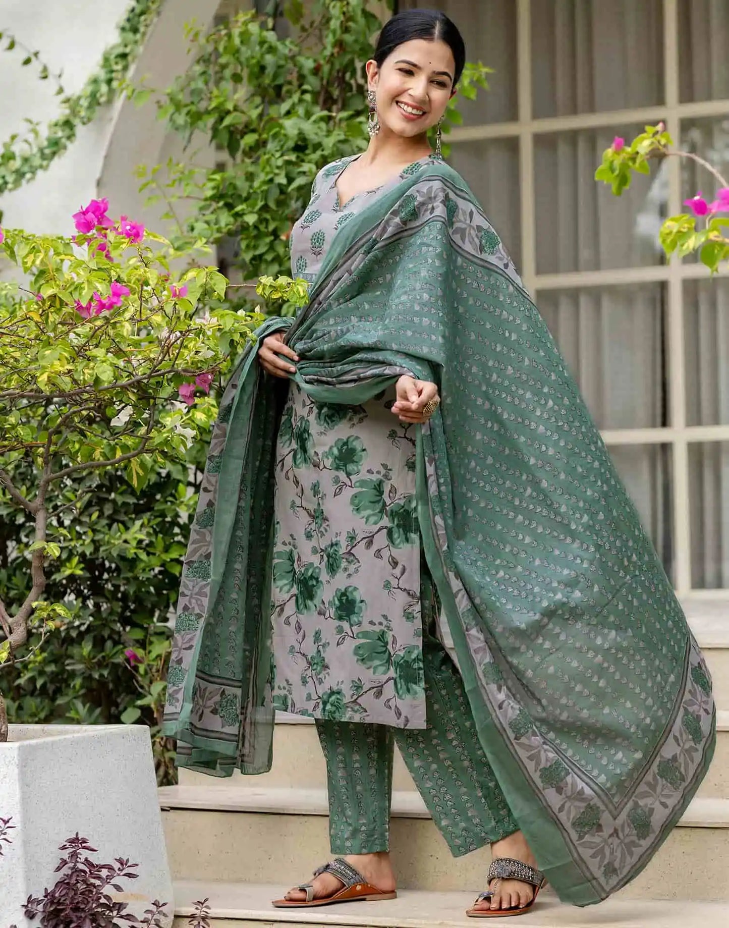 Grey Cotton Printed Straight Kurta Set with Pant and Dupatta