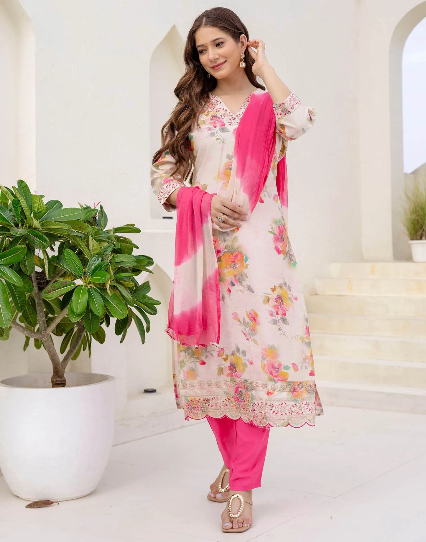 Cotton Blend Printed Straight Kurta with Pant & Dupatta