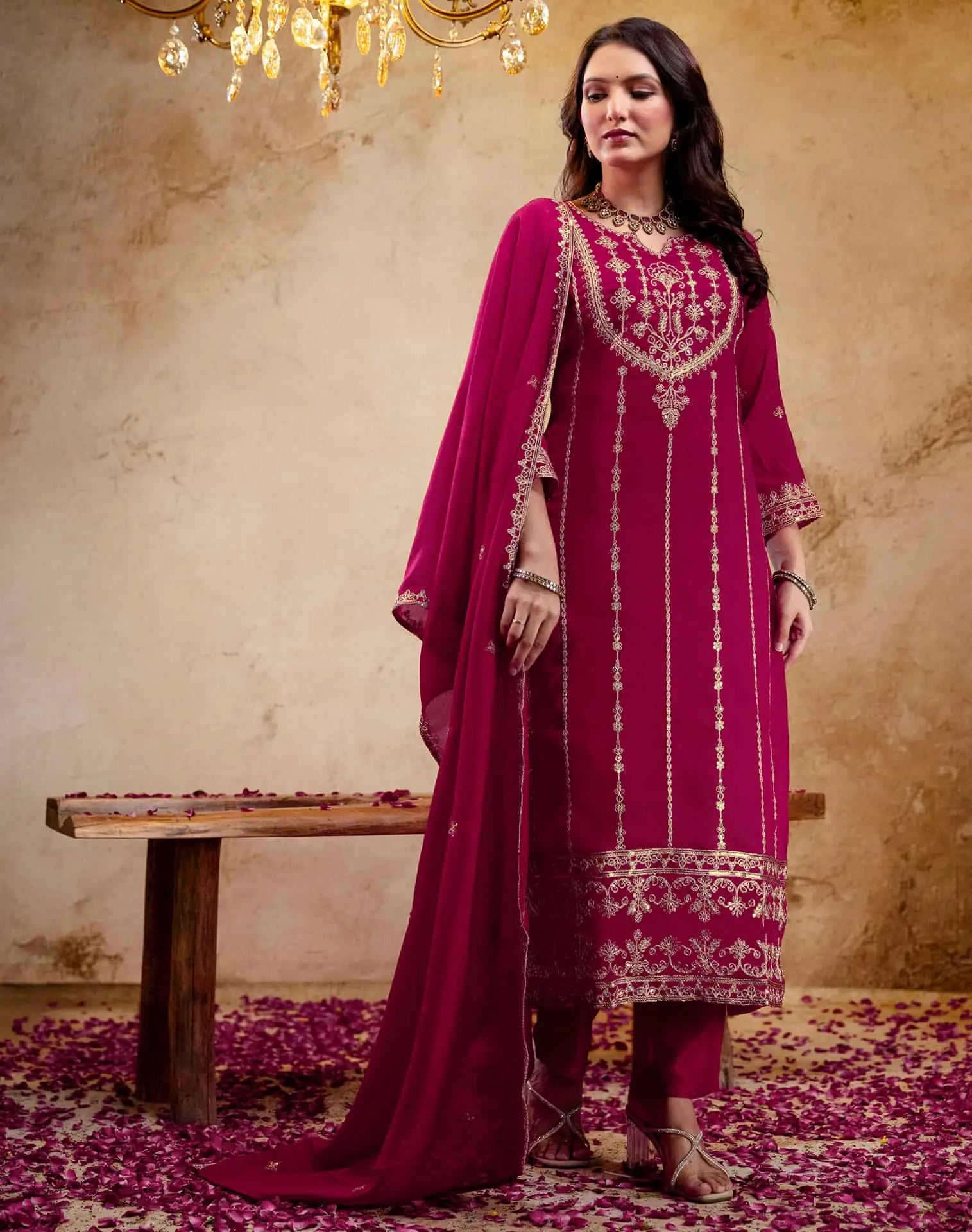 Pink Silk Embroidered Kurta Set with Pant & Dupatta