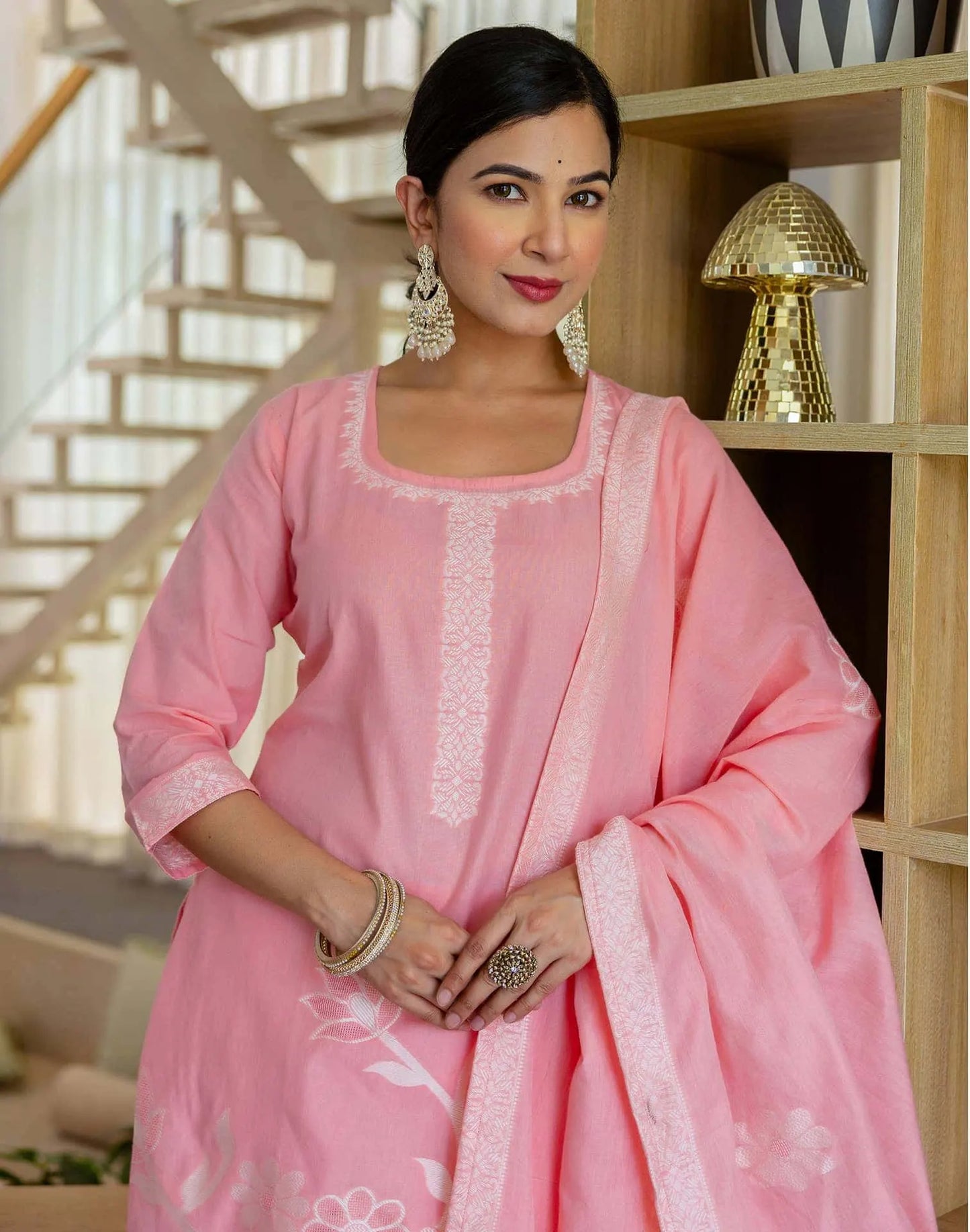 Cotton Weaving Straight Kurta with Pant & Dupatta