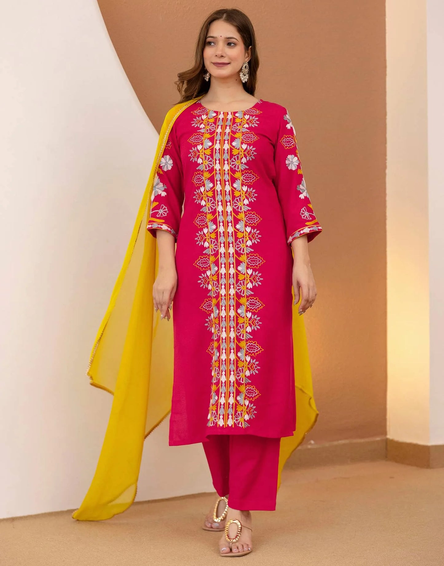Cotton Blend Embroidered Straight Kurta with Pant & Dupatta