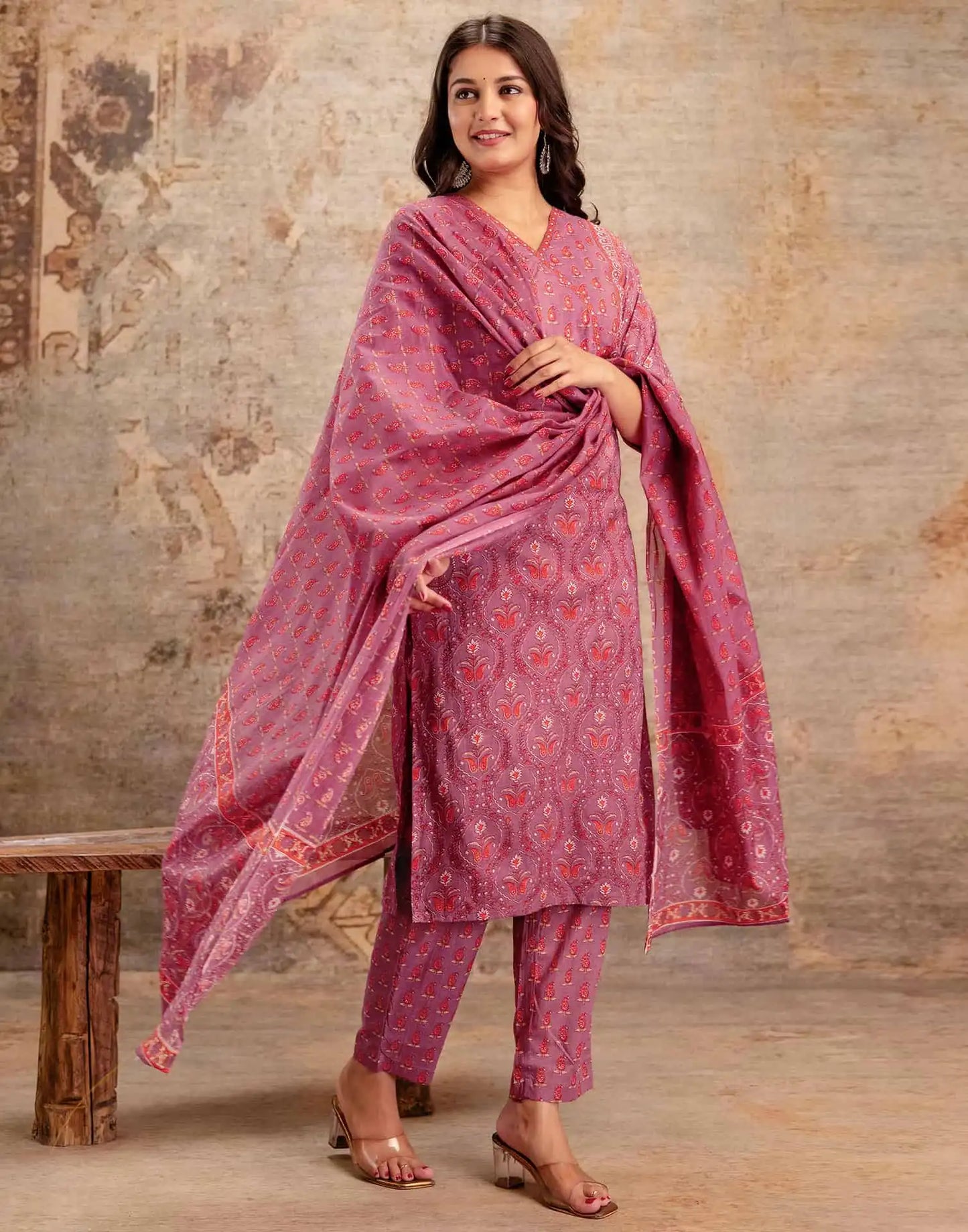 Purple Cotton Printed V-Neck Kurta Set with Pant & Dupatta Affordable Ethnic & Casual Wear