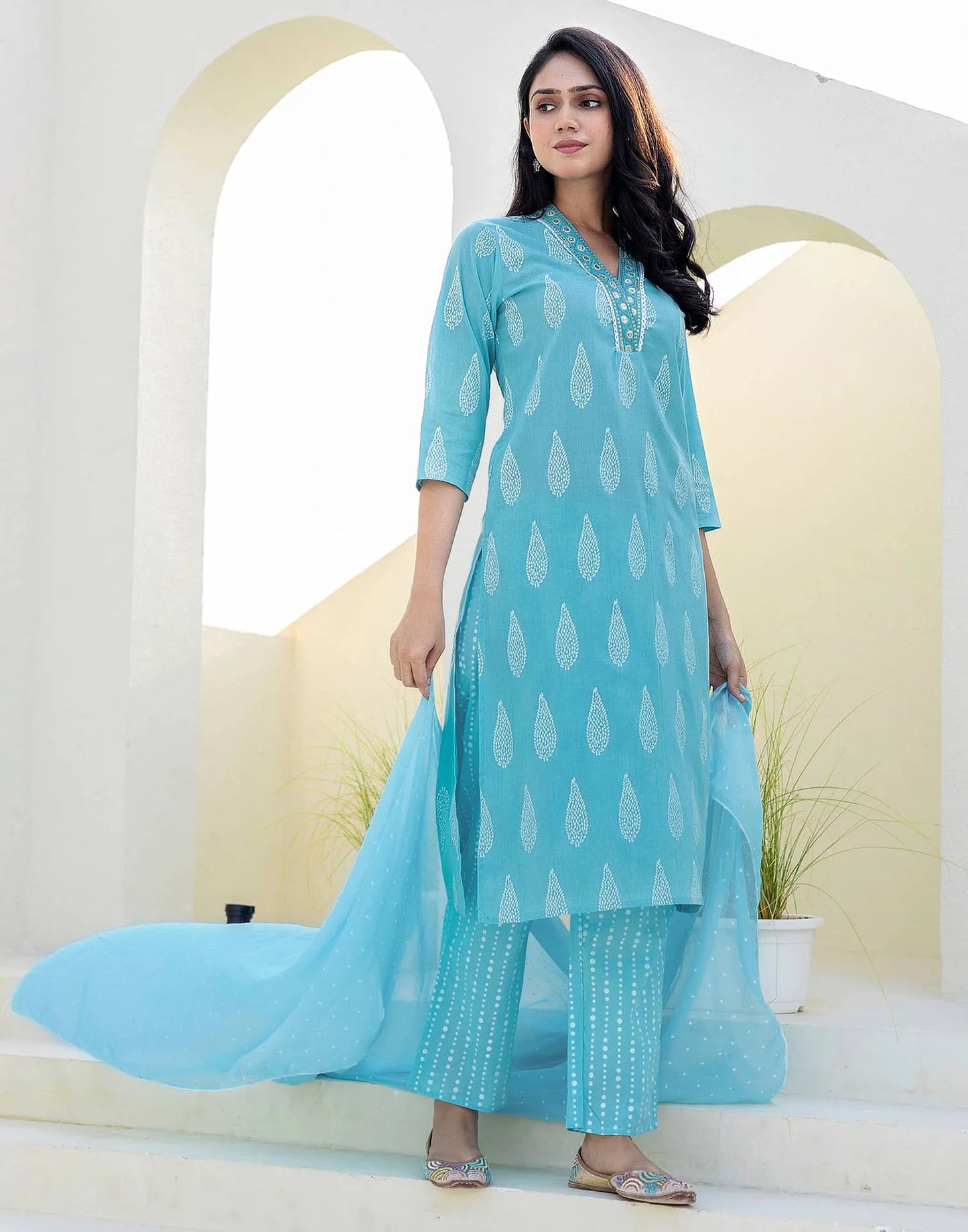 Cotton Printed, Embroidery and Sequins Work, Lace Straight Kurta with Pant & Dupatta