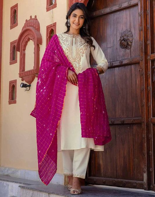 Cotton Blend Sequence, Embroidery Work and Lace Straight Kurta with Pant & Dupatta