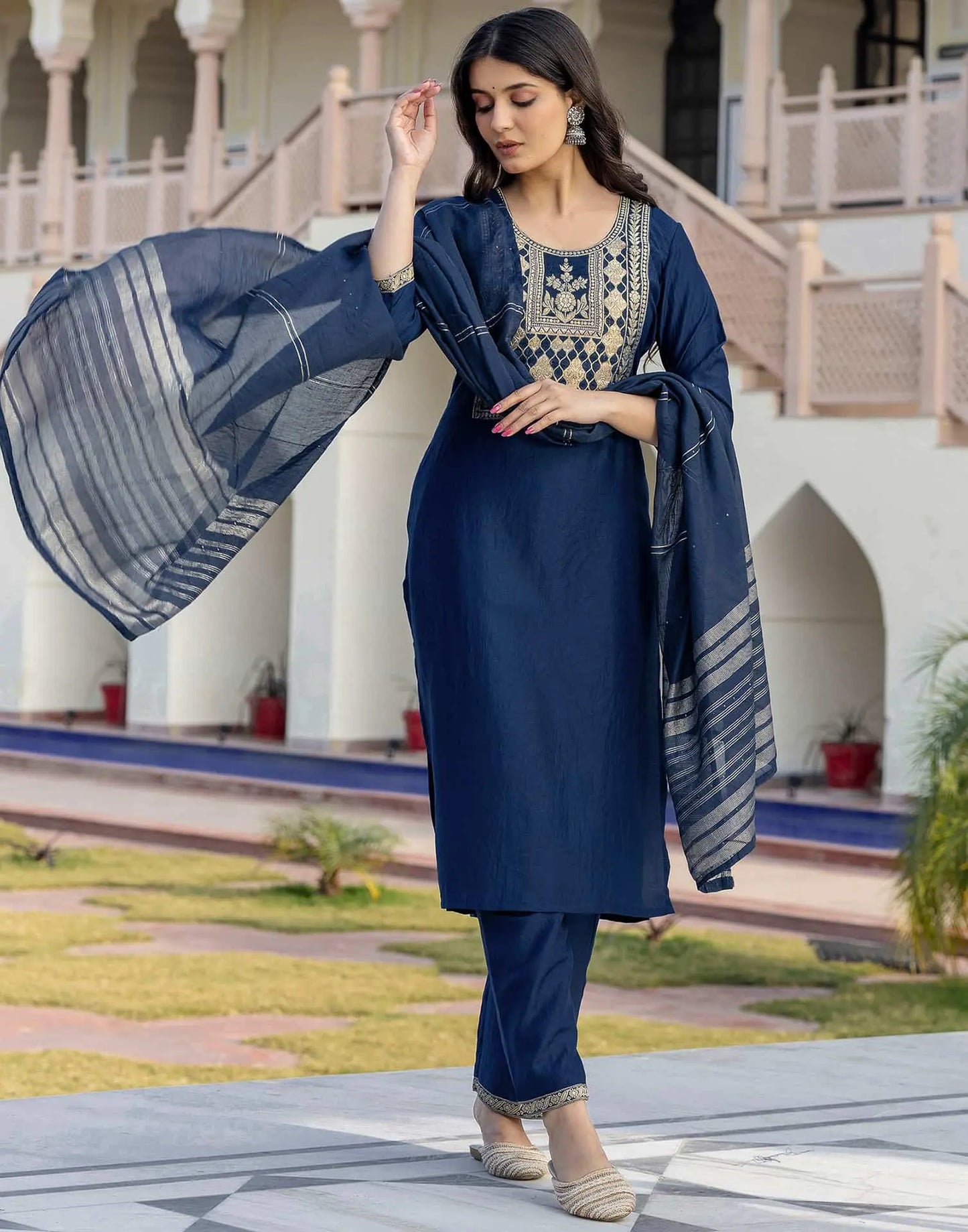 Silk Blend Weaving and Lace Straight Kurta with Pant & Dupatta