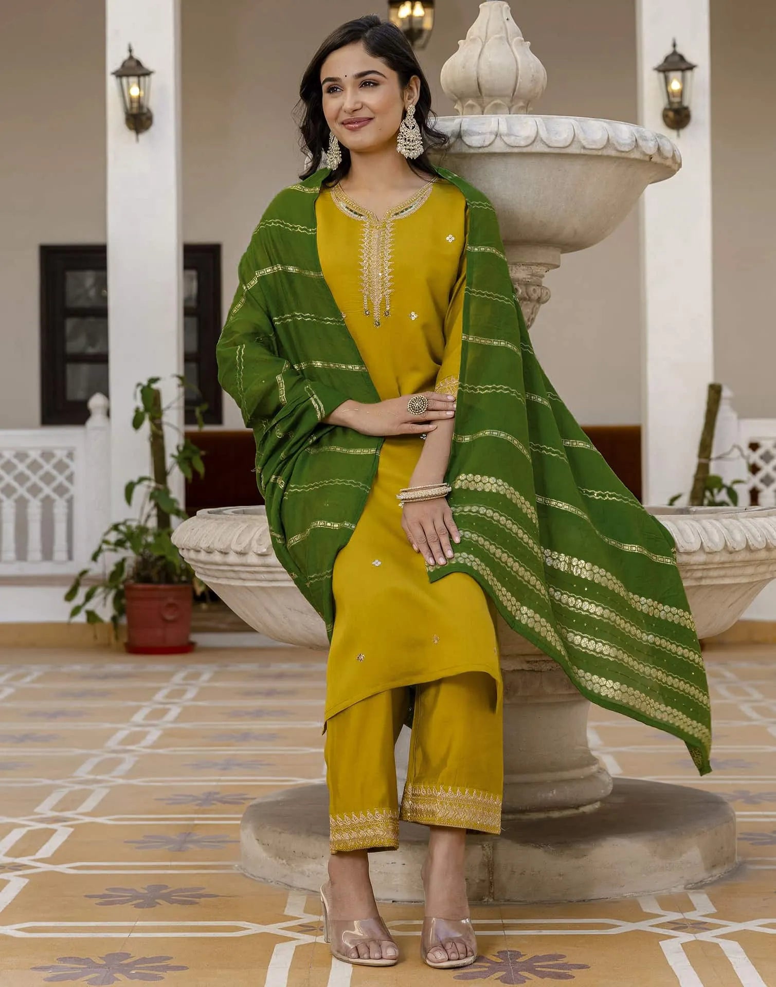 Yellow Silk Embroidered Straight Kurta with Pant and Dupatta