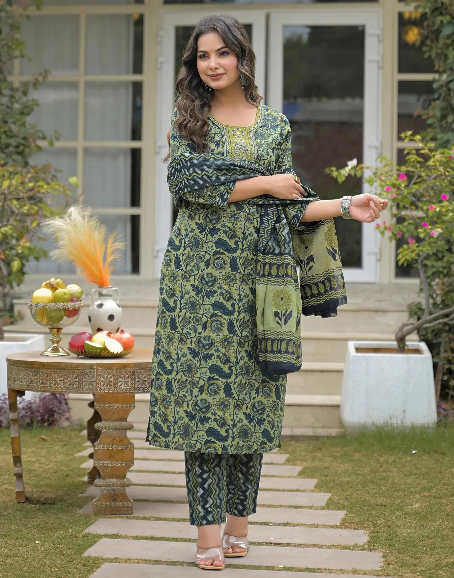 Cotton Embroidered Round Neck Straight Kurta with Pant & Dupatta