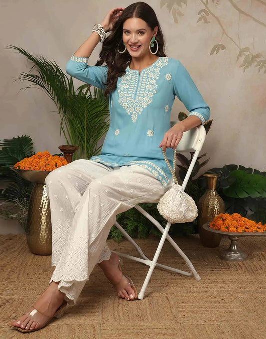 Rayon Chikankari Straight Round Neck Short Kurti