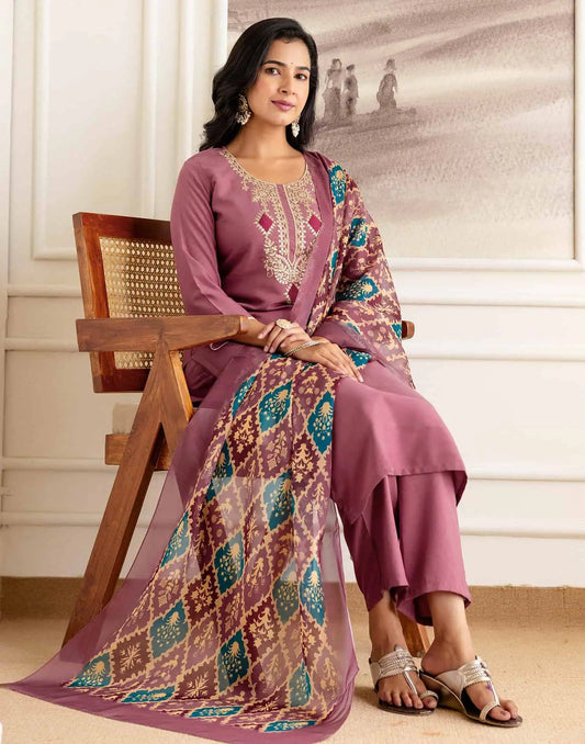 Affordable Pink Silk Embroidered Straight Kurta Set Round Neck Silk Embroidery Work Kurti with Pant & Dupatta