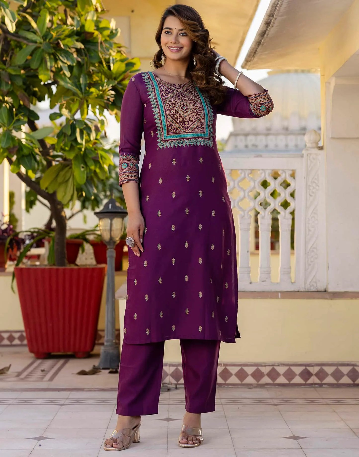Cotton Blend Table Print Straight Kurta with Pant & Dupatta