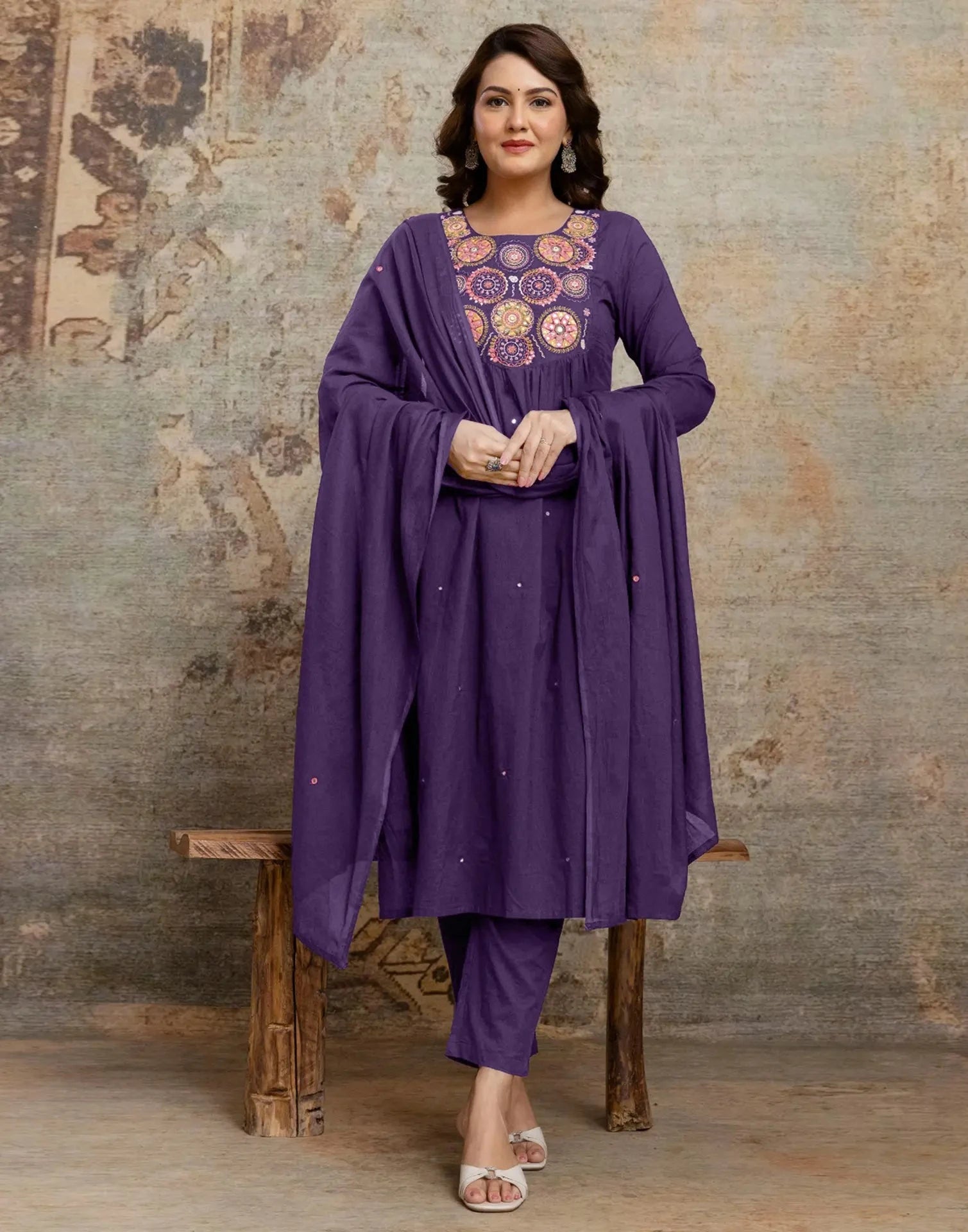 Skylee Cotton Embroidered A-Line 3 Piece Kurta Set For Woman