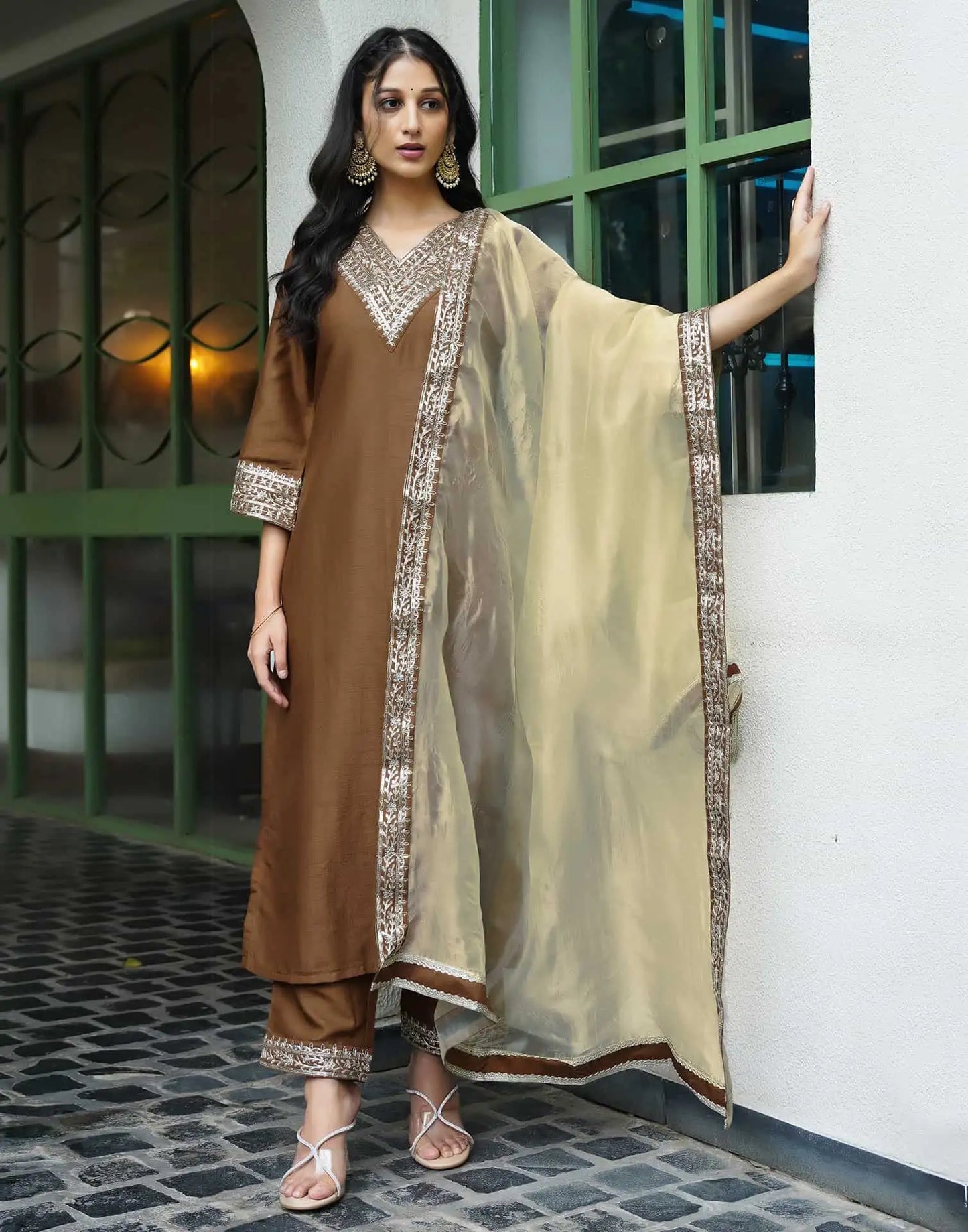 Silk Blend Sequins Embroidery Lace Straight Kurta with Pant & Dupatta