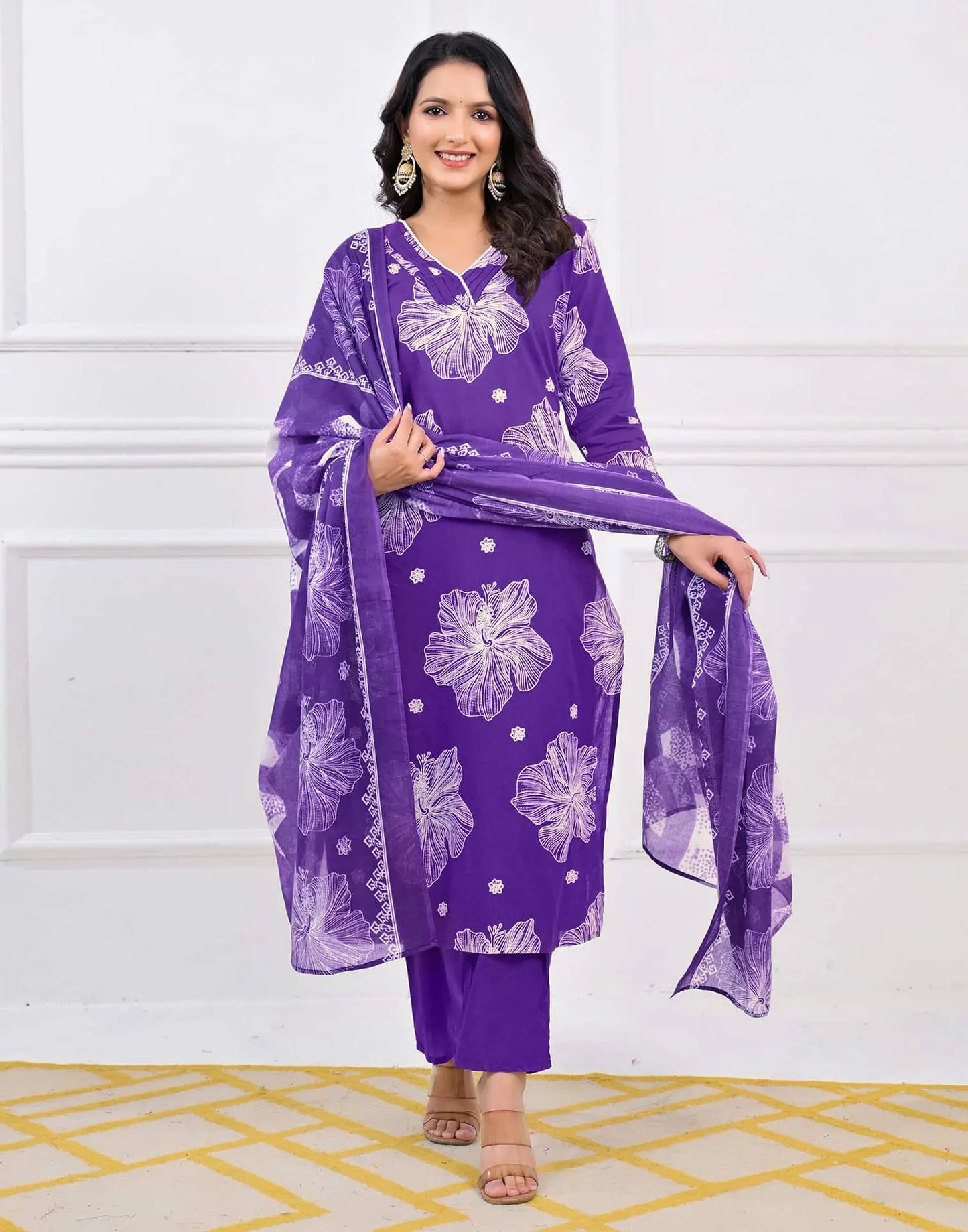 Cotton Straight Printed V-Neck Kurta with Pant & Dupatta