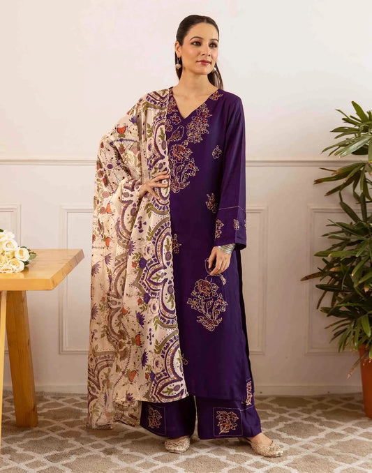 Cotton Embroidered Straight V-Neck Kurta with Pant & Dupatta