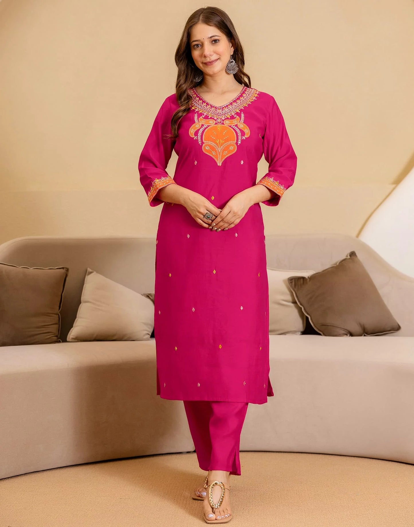 Silk Blend Embroidered Straight Kurta with Pant & Dupatta
