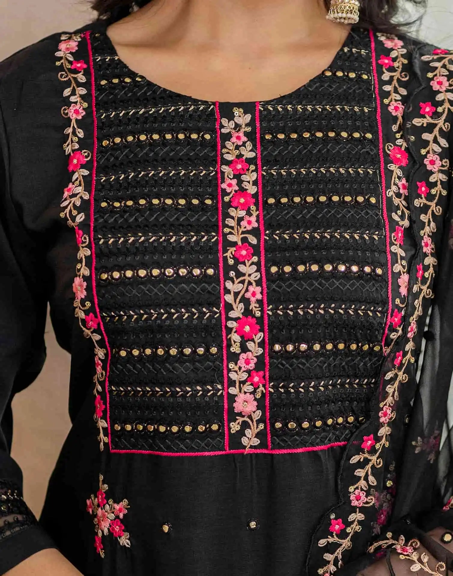 Black Silk Blend Embroidery and Sequins Work Straight Kurta with Pant and Dupatta