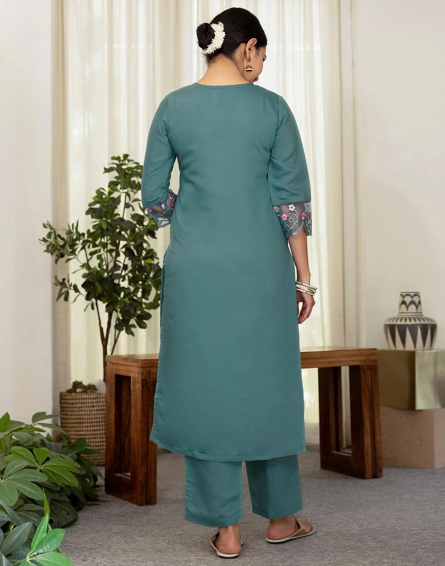 Silk Blend Embroidered Straight Kurta with Pant & Dupatta