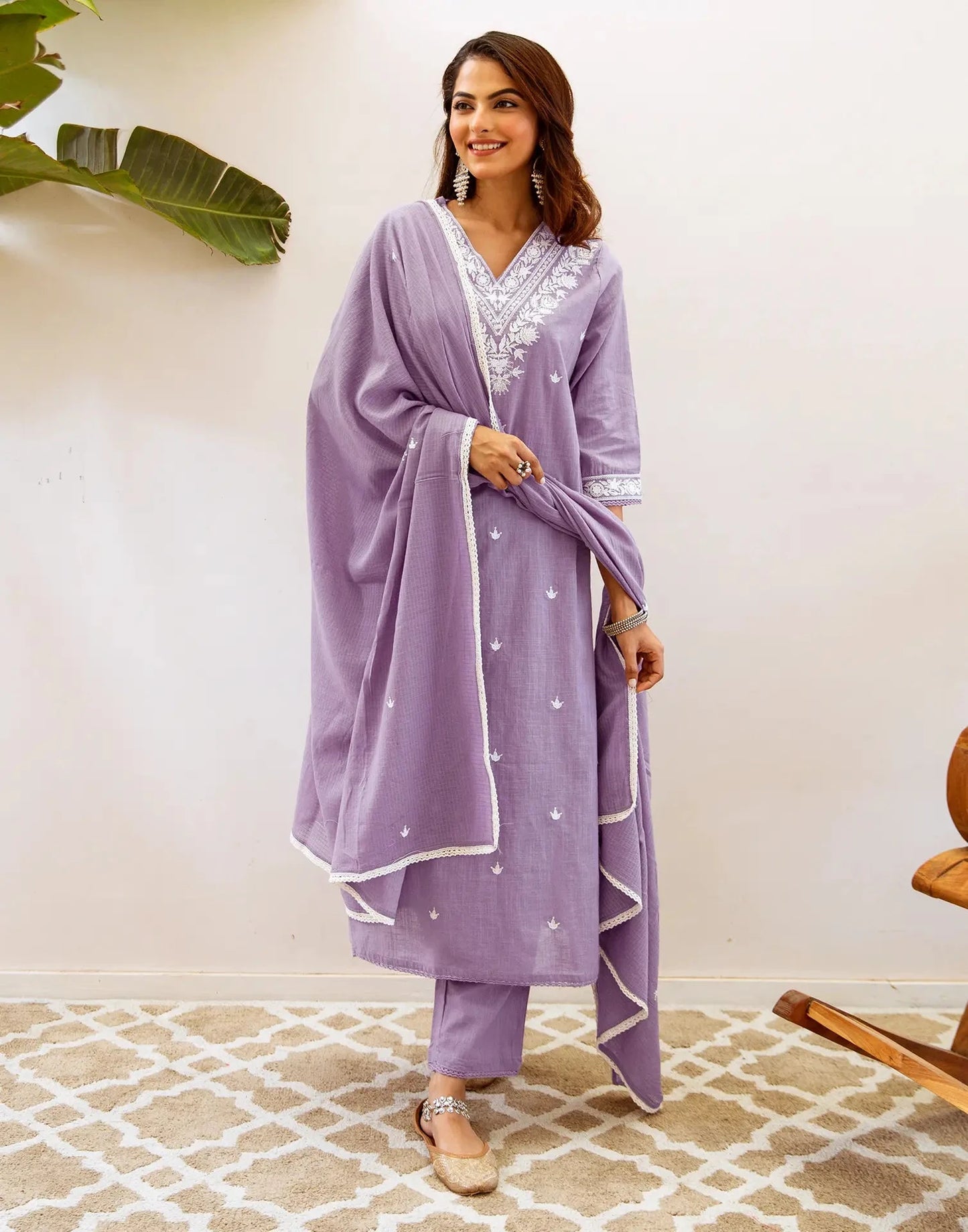 Cotton Embroidered V-Neck Straight Kurta with Pant & Dupatta