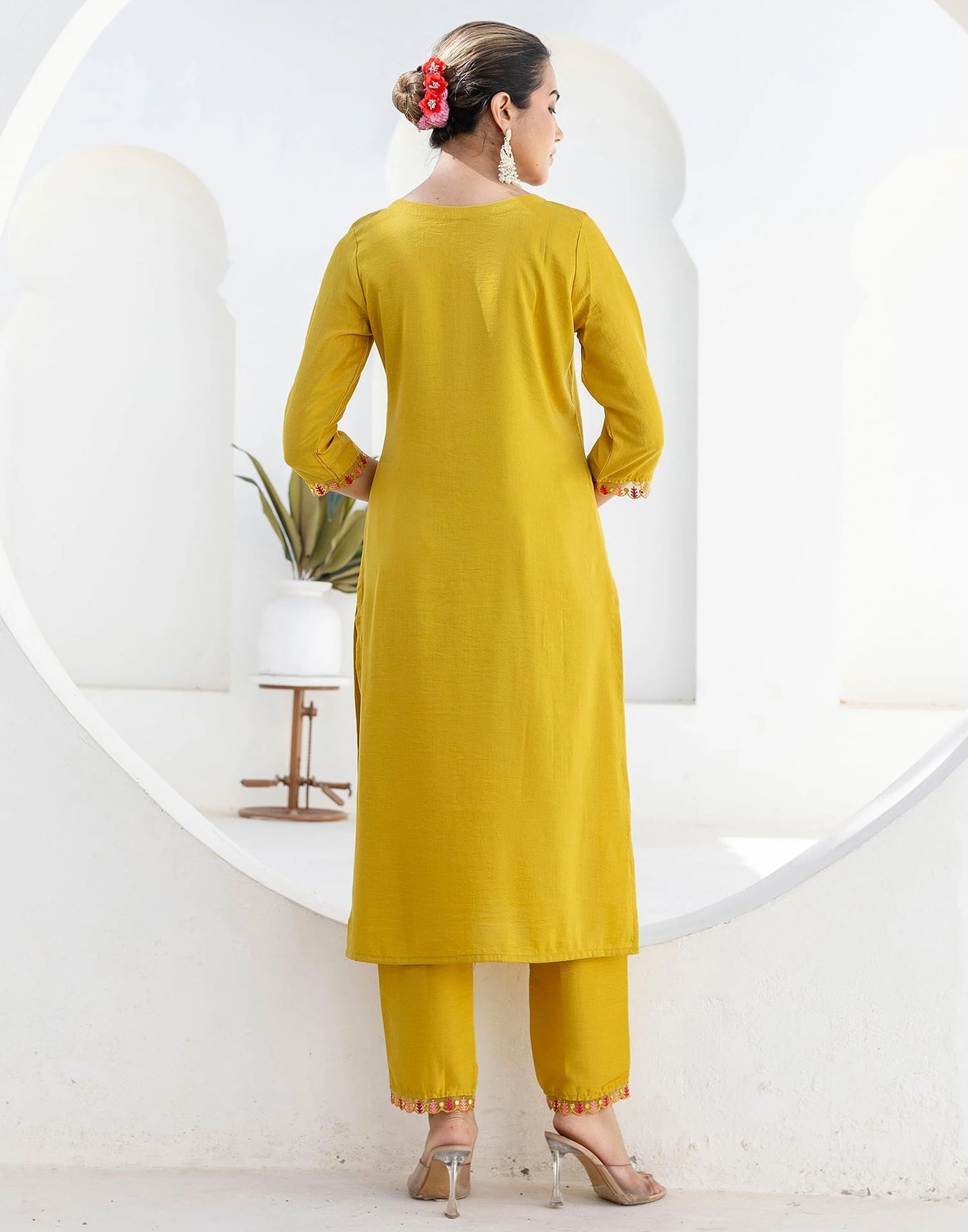 Yellow Silk Blend Embroidery and Mirror Work Straight Kurta Set for Women with Pant & Dupatta