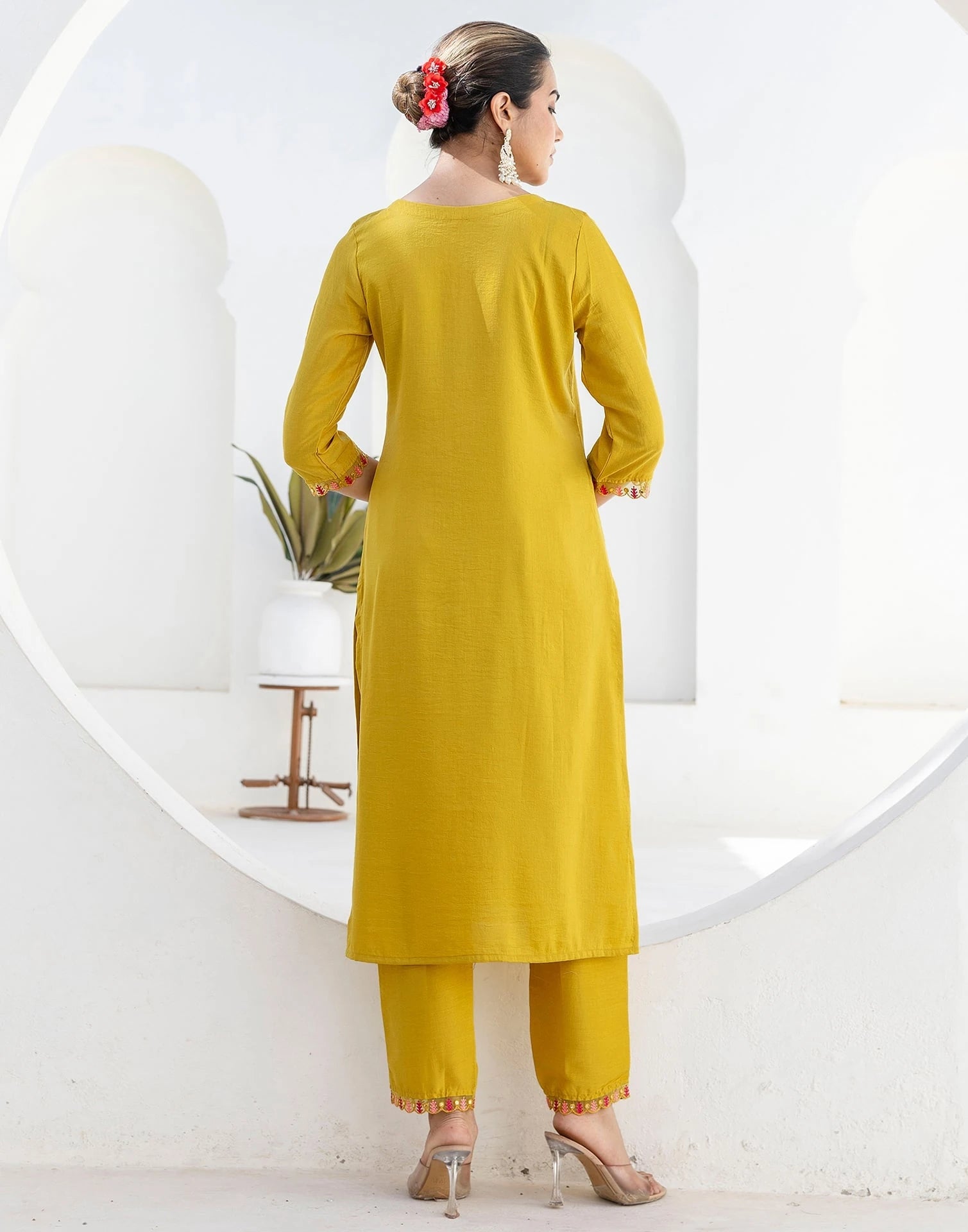 Yellow Silk Blend Embroidery and Mirror Work Straight Kurta Set for Women with Pant & Dupatta