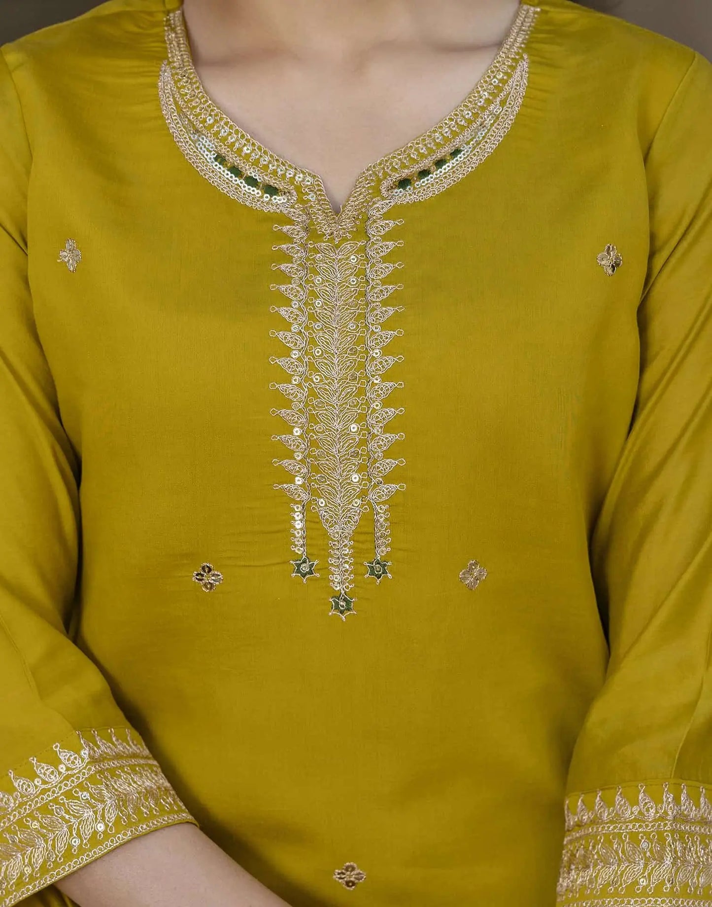 Yellow Silk Embroidered Straight Kurta with Pant and Dupatta