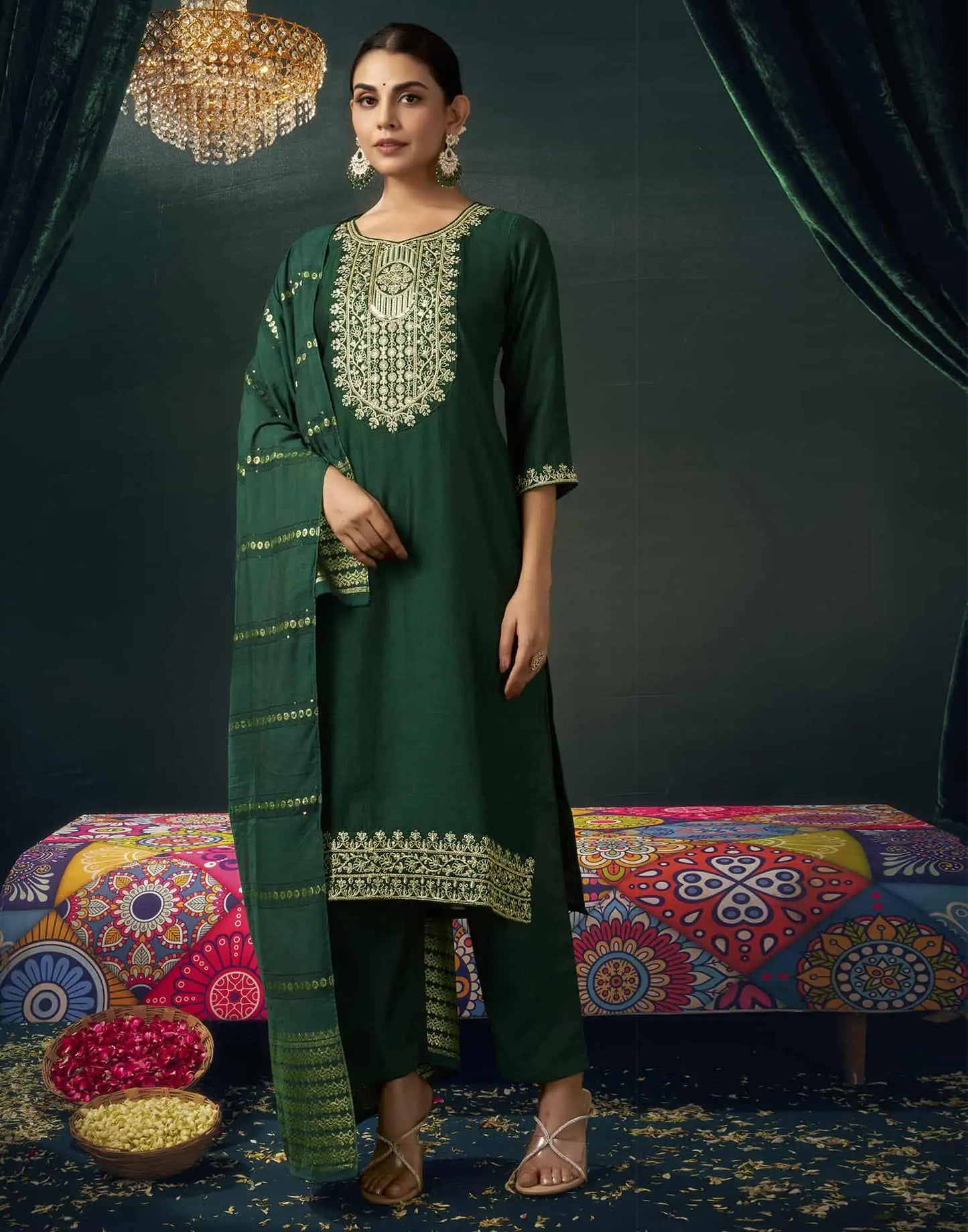 Silk Blend Embroidered Straight Kurta with Pant & Dupatta